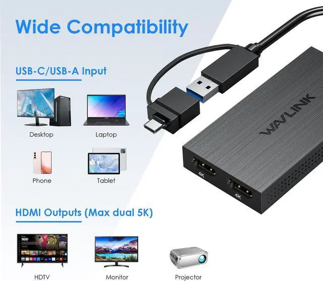 Alt view image 4 of 4 - WAVLINK USB 3.0 or USB C to Dual HDMI Splitter Extended Display for Dual Monitor, Displaylink Adapter Dual HDMI 4K 60Hz for Apple Mac M1/M2/M3 or Windows 10/11, USB A/C to HDMI 4K Output