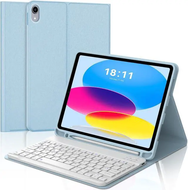 Main image of KVAGO Keyboard Case for iPad 10th Generation 10.9 inch 2022, Detachable Wireless Bluetooth Keyboard, Smart Stand Folio Keyboard Cover with Pencil Holder for iPad 10th Gen (Light Blue)