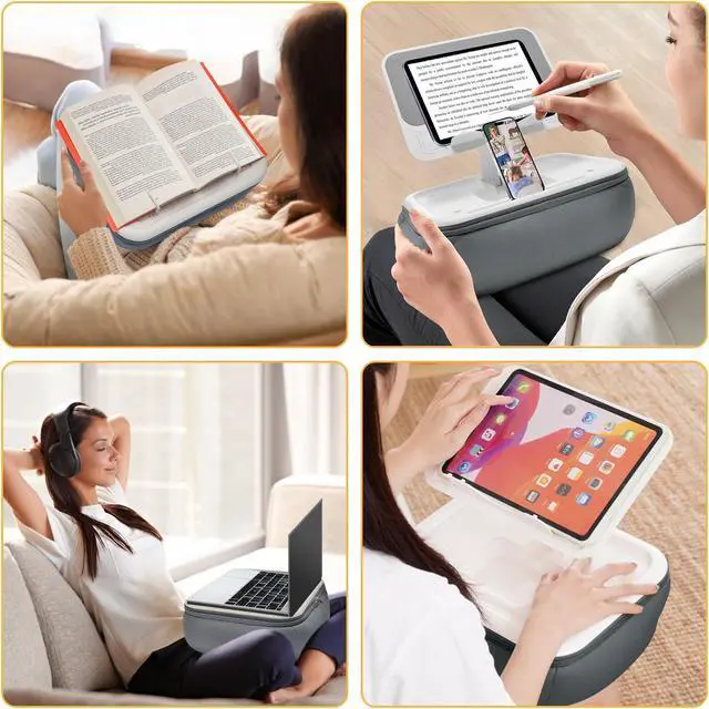 Alt view image 5 of 5 - Lap Beanbag Kindle Pillow Stand with Silicone Pad,Angle Adjustable ipad Holder for Bed,Tablet Pillow with Removable Base,Soft Cushion Pillow Stand Compatible with 4.7-13" Kindle,Phone,Tablet,Gray