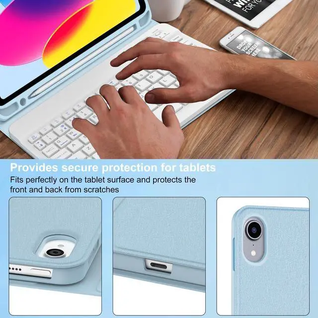 Alt view image 3 of 5 - KVAGO Keyboard Case for iPad 10th Generation 10.9 inch 2022, Detachable Wireless Bluetooth Keyboard, Smart Stand Folio Keyboard Cover with Pencil Holder for iPad 10th Gen (Light Blue)