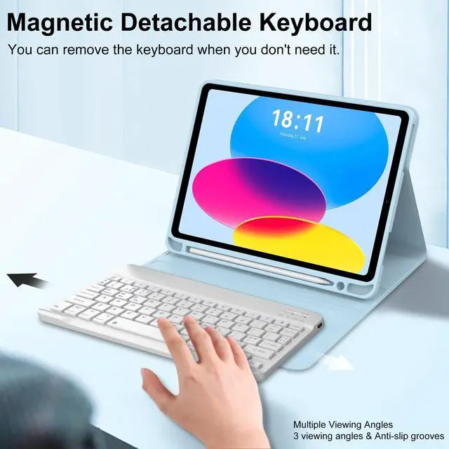 Alt view image 5 of 5 - KVAGO Keyboard Case for iPad 10th Generation 10.9 inch 2022, Detachable Wireless Bluetooth Keyboard, Smart Stand Folio Keyboard Cover with Pencil Holder for iPad 10th Gen (Light Blue)