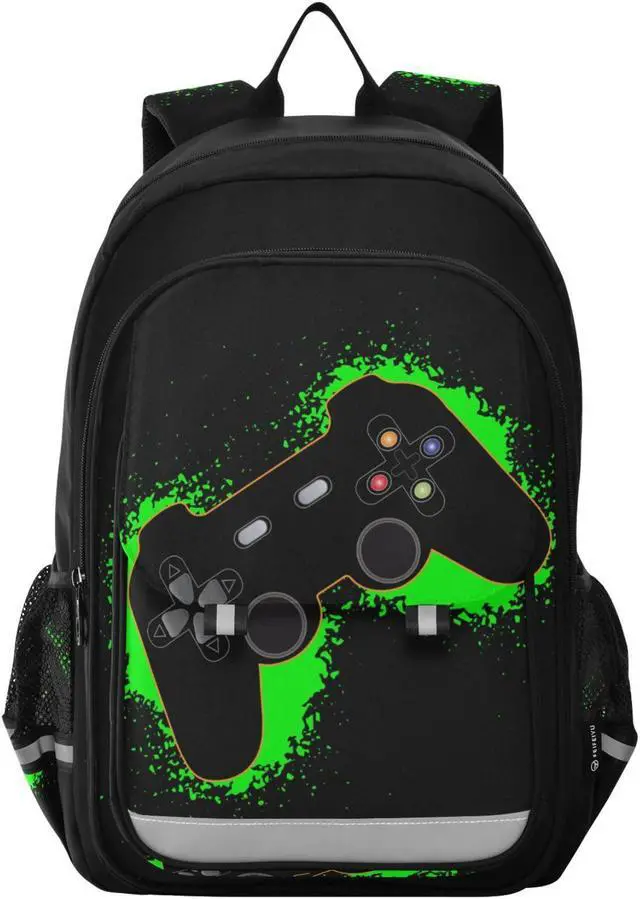 Main image of Krafig Green and Black Video Game Backpack Girls Boys Elementary School Bags Bookbags Laptop Backpack Travel Daypack Safe Reflective Stripes