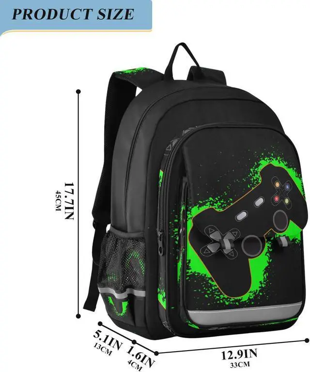 Alt view image 2 of 5 - Krafig Green and Black Video Game Backpack Girls Boys Elementary School Bags Bookbags Laptop Backpack Travel Daypack Safe Reflective Stripes