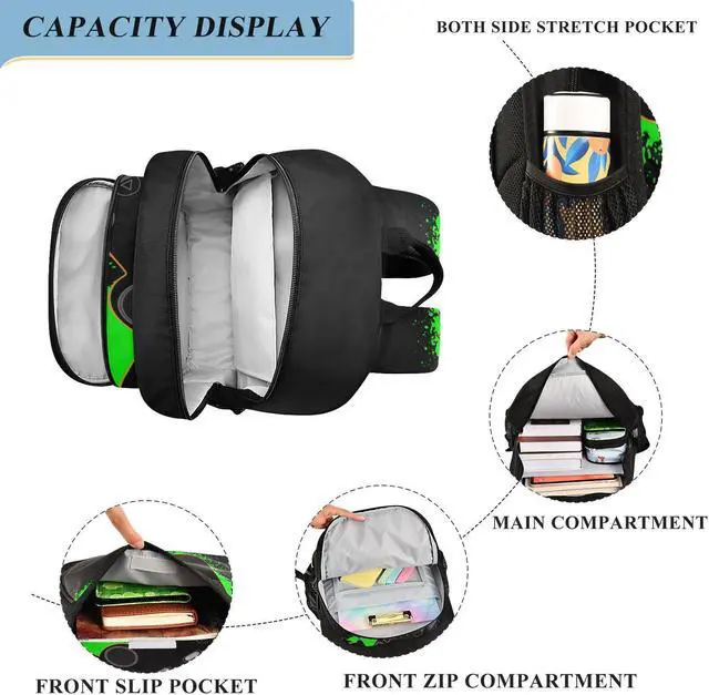 Alt view image 4 of 5 - Krafig Green and Black Video Game Backpack Girls Boys Elementary School Bags Bookbags Laptop Backpack Travel Daypack Safe Reflective Stripes