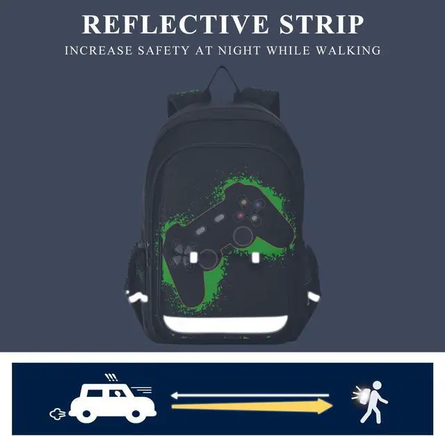 Alt view image 5 of 5 - Krafig Green and Black Video Game Backpack Girls Boys Elementary School Bags Bookbags Laptop Backpack Travel Daypack Safe Reflective Stripes