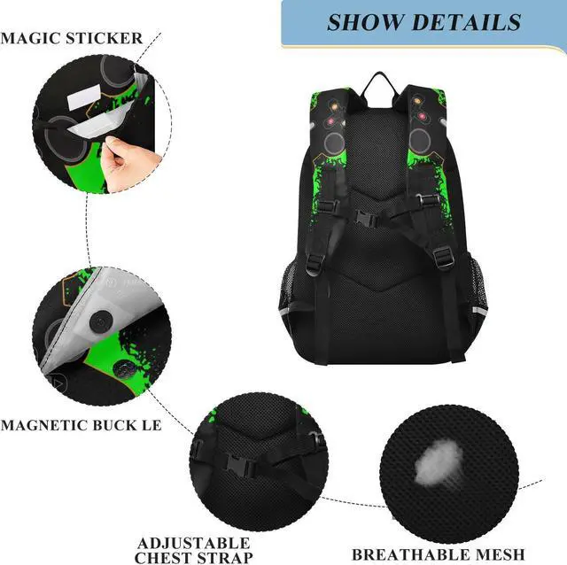 Alt view image 3 of 5 - Krafig Green and Black Video Game Backpack Girls Boys Elementary School Bags Bookbags Laptop Backpack Travel Daypack Safe Reflective Stripes