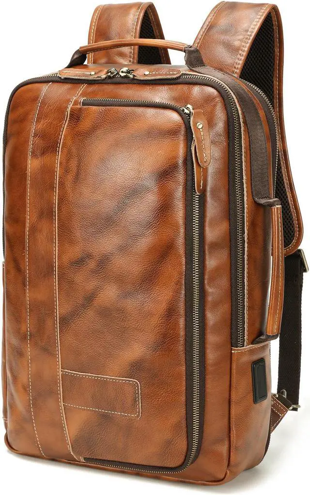 Main image of LANNSYNE Vegetable Tanned Leather Backpack for men, Expandable Leather Backpack Fits 15.6 Laptop, Tote Shoulder Travel Bag Rucksack