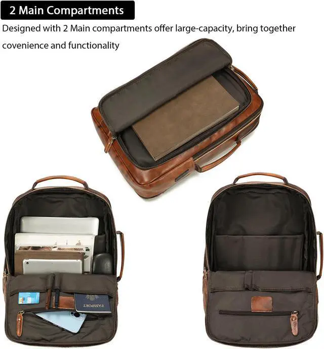 Alt view image 2 of 5 - LANNSYNE Vegetable Tanned Leather Backpack for men, Expandable Leather Backpack Fits 15.6 Laptop, Tote Shoulder Travel Bag Rucksack