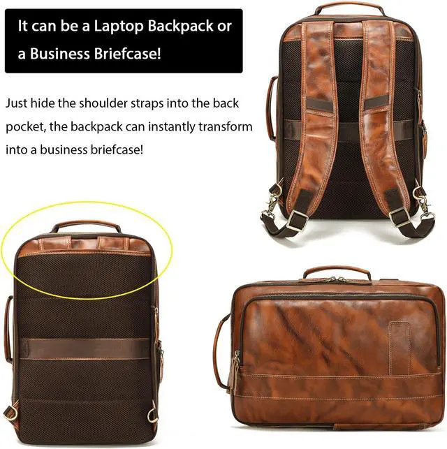 Alt view image 3 of 5 - LANNSYNE Vegetable Tanned Leather Backpack for men, Expandable Leather Backpack Fits 15.6 Laptop, Tote Shoulder Travel Bag Rucksack