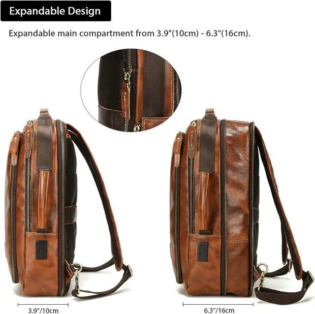 Alt view image 4 of 5 - LANNSYNE Vegetable Tanned Leather Backpack for men, Expandable Leather Backpack Fits 15.6 Laptop, Tote Shoulder Travel Bag Rucksack