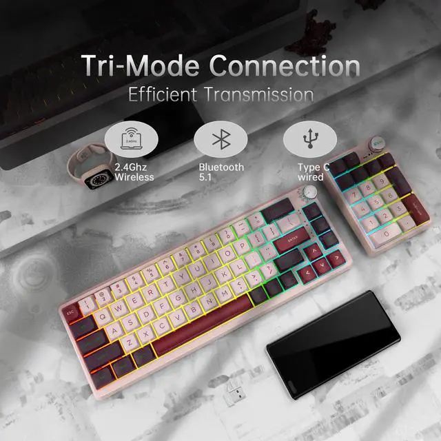 Alt view image 2 of 5 - K68 Pro Gaming Keyboard, Layout Compact Wireless Mechanical Keyboard, Gasket Hot Swappable Custom BT 5.0/2.4G/USB-C Office Keyboard for Windows Mac (Purple-White, Eternity Tactile Switch)