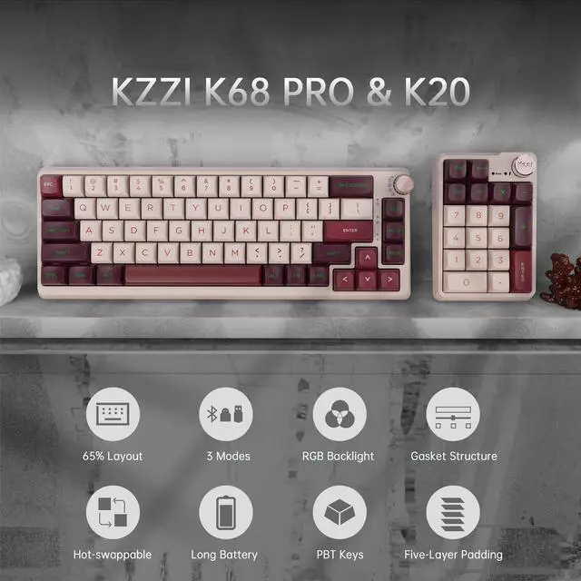 Alt view image 3 of 5 - K68 Pro Gaming Keyboard, Layout Compact Wireless Mechanical Keyboard, Gasket Hot Swappable Custom BT 5.0/2.4G/USB-C Office Keyboard for Windows Mac (Purple-White, Eternity Tactile Switch)