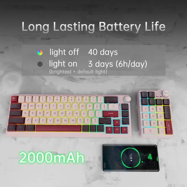 Alt view image 4 of 5 - K68 Pro Gaming Keyboard, Layout Compact Wireless Mechanical Keyboard, Gasket Hot Swappable Custom BT 5.0/2.4G/USB-C Office Keyboard for Windows Mac (Purple-White, Eternity Tactile Switch)