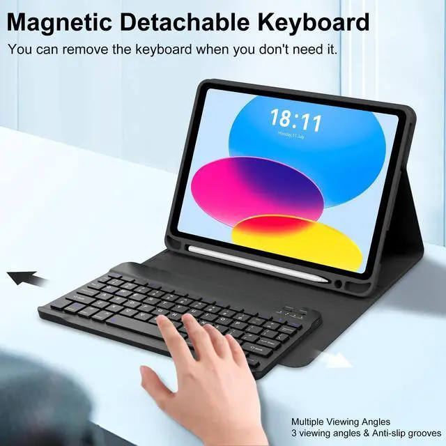 Alt view image 4 of 5 - KVAGO Keyboard Case for iPad 10th Generation 10.9 inch 2022, Detachable Wireless Bluetooth Keyboard, Smart Stand Folio Keyboard Cover with Pencil Holder for iPad 10th Gen (Space Black)