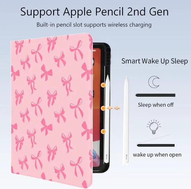 Alt view image 3 of 5 - Cute Kawaii Pink Bow for iPad 10th Generation Case 10.9 Inch 2022 with Pencil Holder, Auto Sleep/Wake and Multiple Viewing Angles, Pink Leather Soft TPU Back Cover