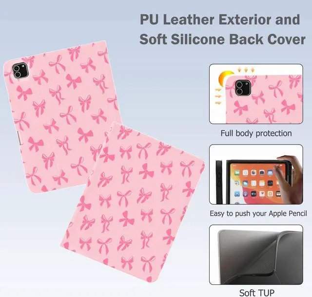 Alt view image 5 of 5 - Cute Kawaii Pink Bow for iPad 10th Generation Case 10.9 Inch 2022 with Pencil Holder, Auto Sleep/Wake and Multiple Viewing Angles, Pink Leather Soft TPU Back Cover