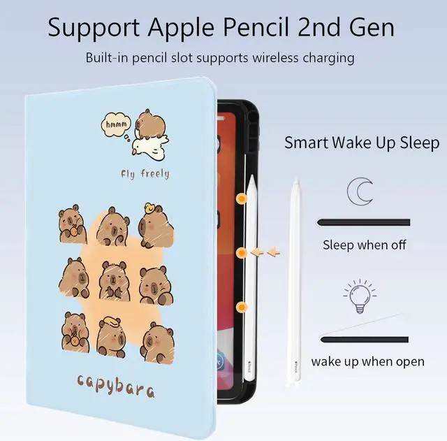 Alt view image 3 of 5 - Cute Kawaii Capybara for iPad 10th Generation Case 10.9 Inch 2022 with Pencil Holder, Auto Sleep/Wake and Multiple Viewing Angles, Blue Leather Soft TPU Back Cover