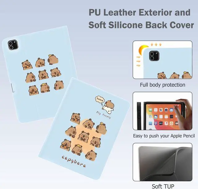 Alt view image 5 of 5 - Cute Kawaii Capybara for iPad 10th Generation Case 10.9 Inch 2022 with Pencil Holder, Auto Sleep/Wake and Multiple Viewing Angles, Blue Leather Soft TPU Back Cover