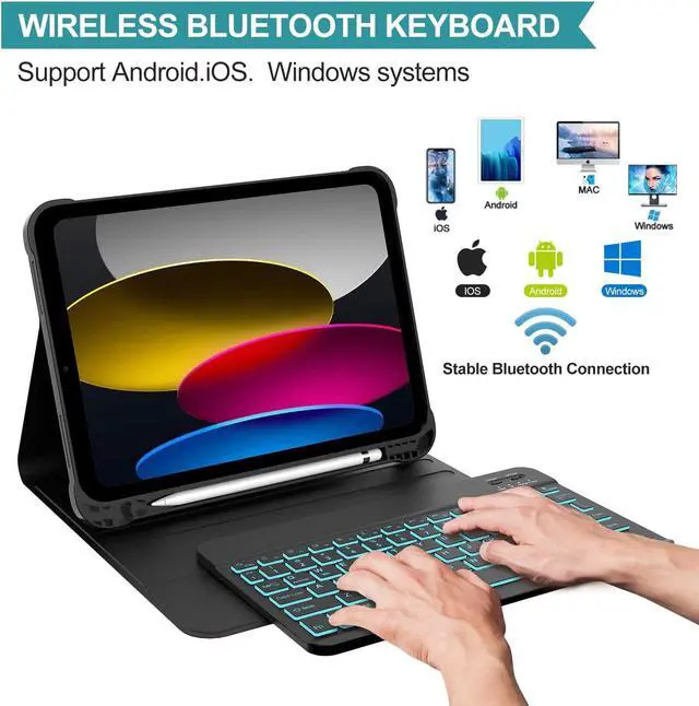 Alt view image 4 of 5 - YEHOBU Keyboard Case for iPad 10th Generation 10.9",iPad 10th Gen Keyboard,Detachable Wireless Bluetooth Backlit Keyboard,Smart Folio Cover with Pencil Holder for 2022 iPad 10th Gen