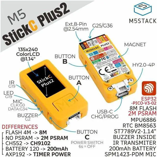 Alt view image 2 of 5 - M5Stack Official M5StickC PLUS2 - ESP32 V3 Mini IoT Development Kit - Built in 200mAh Battery, Yellow