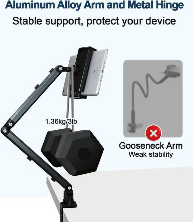 Alt view image 2 of 5 - YCNEW Tablet Desk Mount for ipad, Desk Clamp Aluminum Alloy Arm Tablet Stand Holder Suitable for 4.7-15.6" and Under 3 Pounds iPhone, ipad mini/Air/Pro, Kindle, Portable Monitor, Nintendo Switch(Gray)