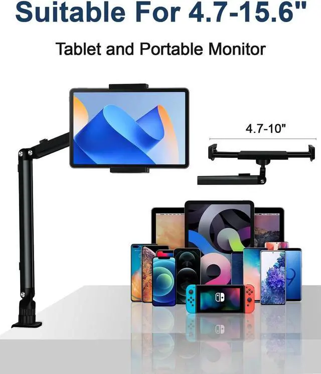 Alt view image 5 of 5 - YCNEW Tablet Desk Mount for ipad, Desk Clamp Aluminum Alloy Arm Tablet Stand Holder Suitable for 4.7-15.6" and Under 3 Pounds iPhone, ipad mini/Air/Pro, Kindle, Portable Monitor, Nintendo Switch(Gray)