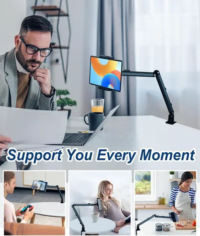 Alt view image 4 of 5 - YCNEW Tablet Desk Mount for ipad, Desk Clamp Aluminum Alloy Arm Tablet Stand Holder Suitable for 4.7-15.6" and Under 3 Pounds iPhone, ipad mini/Air/Pro, Kindle, Portable Monitor, Nintendo Switch(Gray)