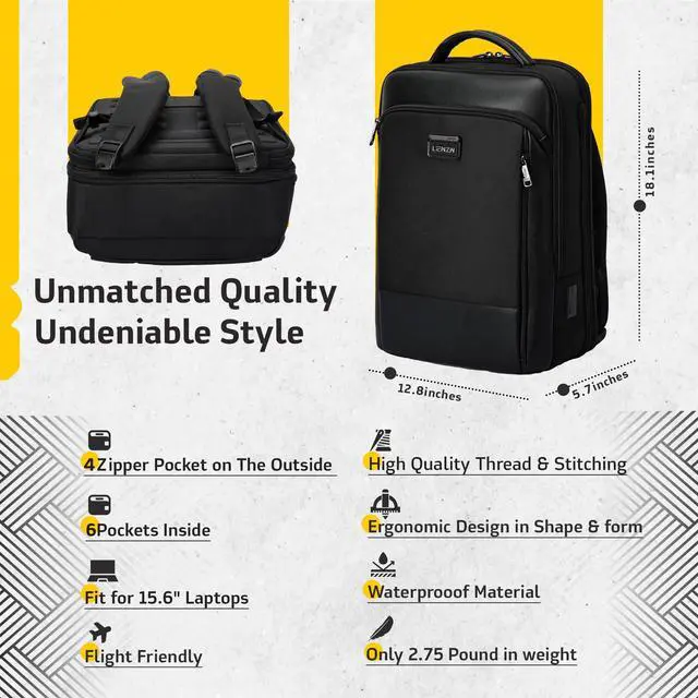 Alt view image 3 of 5 - LENZN Laptop Business Backpack for Men & Women, Work Backpack Fits 15.6 Inch Laptop, Travel Bagpack with USB Charging Port, Anti-Theft Pocket, Durable Nylon, Computer Bookbag with Multiple Pockets