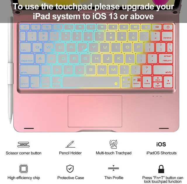 Alt view image 4 of 5 - iPad 10th Generation Case with Keyboard (10.9", 2022) - Multi-Touch Trackpad- 7 Color Backlight- 360deg Rotatable Smart Protective Case with Pencil Holder for iPad 10.9 inch 10th Gen 2022, Rose Gold