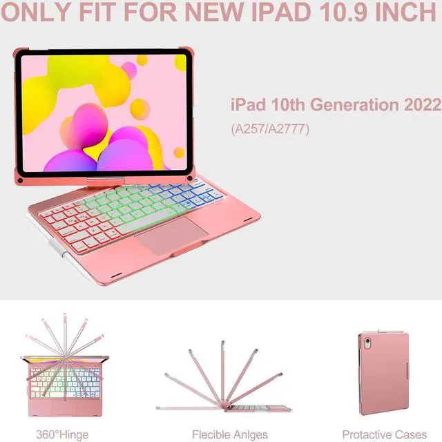 Alt view image 3 of 5 - iPad 10th Generation Case with Keyboard (10.9", 2022) - Multi-Touch Trackpad- 7 Color Backlight- 360deg Rotatable Smart Protective Case with Pencil Holder for iPad 10.9 inch 10th Gen 2022, Rose Gold