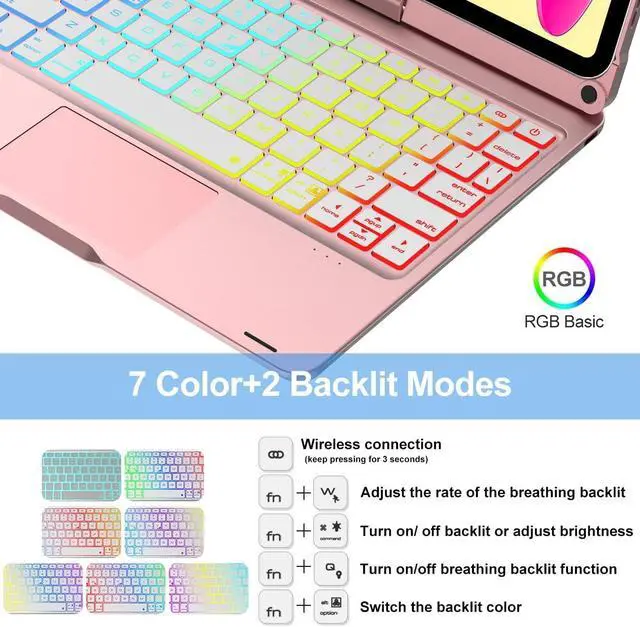 Alt view image 5 of 5 - iPad 10th Generation Case with Keyboard (10.9", 2022) - Multi-Touch Trackpad- 7 Color Backlight- 360deg Rotatable Smart Protective Case with Pencil Holder for iPad 10.9 inch 10th Gen 2022, Rose Gold