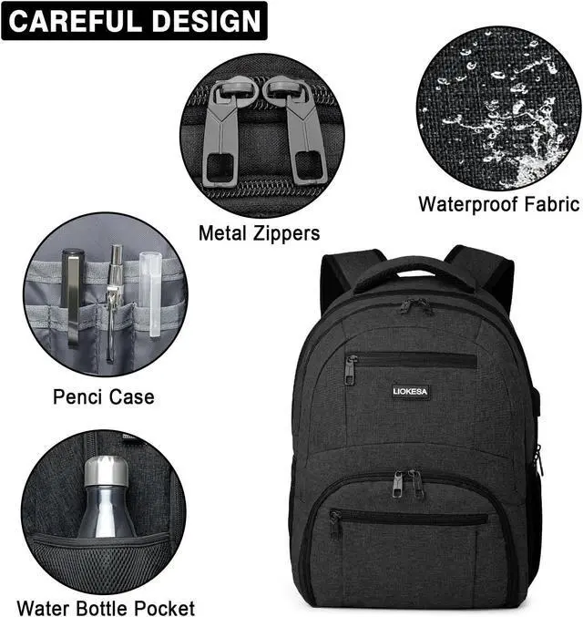 Alt view image 4 of 4 - Liokesa Backpack for Men Women, School Backpacks for Teen Boys Girls, Water Resistant Laptop Backpack with USB Charger, 17.3 Inch Black College Bookbag