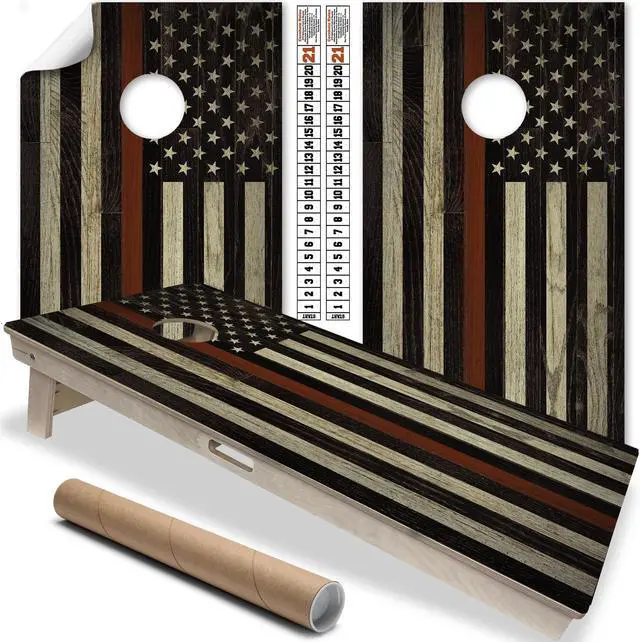 Main image of Cornhole Board Wraps and Decals for Boards Set of 2 Skins Professional Vinyl Covers Sticker - Firefighter Red Line American Flag Fire Department Decal (Fire Fighter Support Flag)