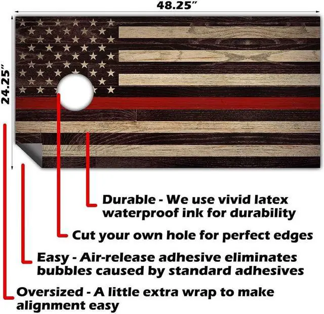 Alt view image 5 of 5 - Cornhole Board Wraps and Decals for Boards Set of 2 Skins Professional Vinyl Covers Sticker - Firefighter Red Line American Flag Fire Department Decal (Fire Fighter Support Flag)