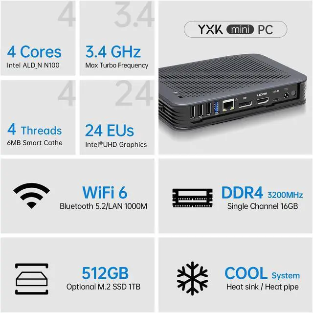 Alt view image 2 of 5 - Yxk S15 UItra Mini PC,12th Gen Alder Lake- N100(up to 3.4GHz), 16GB DDR4 RAM 512GB M.2 SSD, Desktop Computer Support 4K Dual Display/USB3.2/WiFi 6/BT5.2 or Gigabit Ethernet for Home/Office