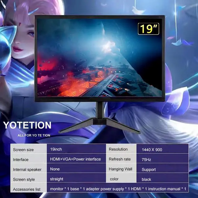 Alt view image 5 of 5 - YOTETION 19 inch HD (1440 x 900) Monitor, 75Hz Refresh Rate, HDMI x1, VGA x1, Small Thin Monitor for laptops, Computers and desktops,LED Display, VGA/HDMI Connection.VESA:75 * 75MM