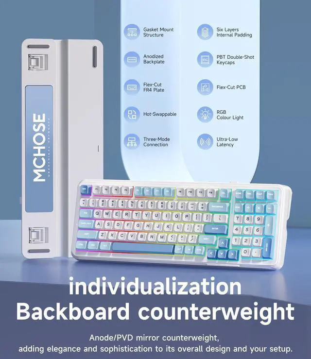 Alt view image 5 of 5 - MCHOSE K99 98% Wireless Mechanical Keyboard, Tri-Mode Connection, Compact Gaming Keyboard with Six-Layer Padding Gasket, RGB Backlit,Hot Swappable Custom Keyboard for Mac/PC