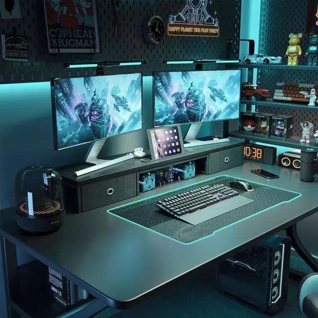 Alt view image 2 of 5 - Dual Monitor Stand Riser with 2 Drawers - 39Inch Large Storage Computer Monitor Stands for 2 Monitors, Wooden Desktop Organizer Perfect for Home Office Desk, Computer, Laptop, TV, Black