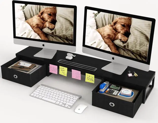 Main image of Dual Monitor Stand Riser with 2 Drawers - 39Inch Large Storage Computer Monitor Stands for 2 Monitors, Wooden Desktop Organizer Perfect for Home Office Desk, Computer, Laptop, TV, Black