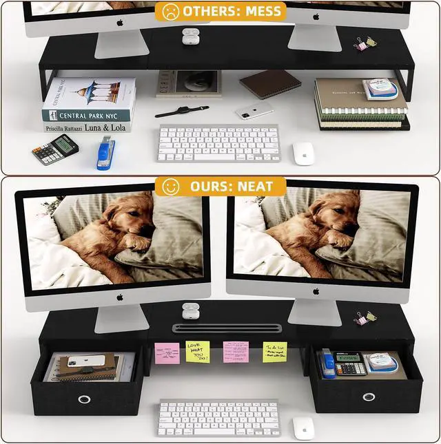 Alt view image 4 of 5 - Dual Monitor Stand Riser with 2 Drawers - 39Inch Large Storage Computer Monitor Stands for 2 Monitors, Wooden Desktop Organizer Perfect for Home Office Desk, Computer, Laptop, TV, Black