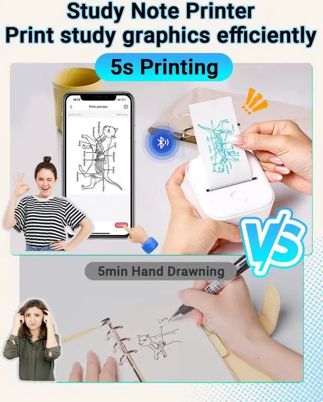 Alt view image 3 of 5 - Memoking T02 Sticker Printer - Print Pods Mini Printer Portable Thermal Inkless Label Maker Pocket Phone Labeling Machine for Study Graphic, Anatomical Diagram, Receipts, Photo, White