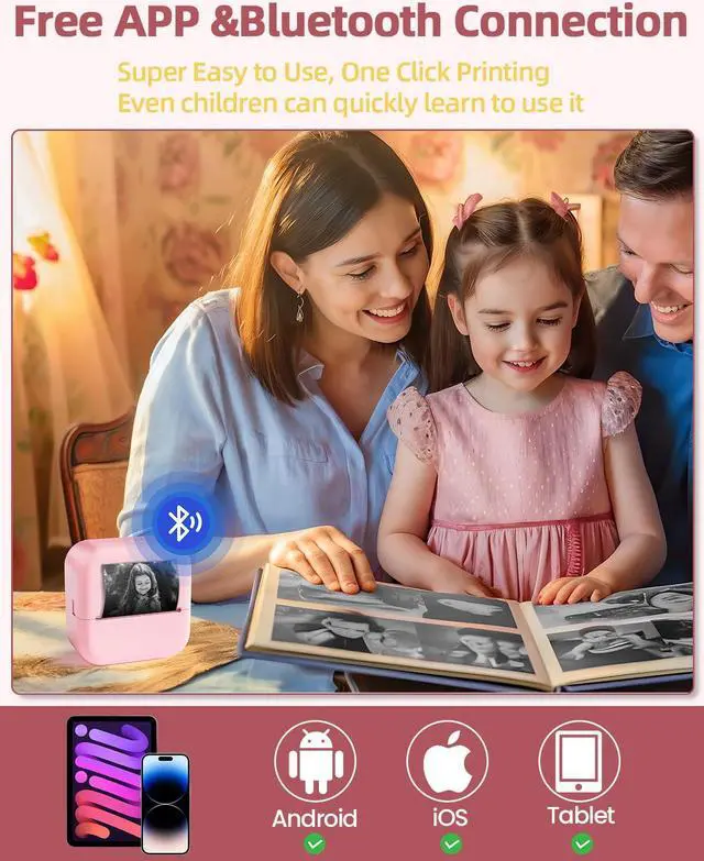 Alt view image 2 of 5 - M02L Bluetooth Label Maker - Mini Thermal Printer with 6 Rolls Non-Adhesive Paper (2in*21.3ft/Roll), Inkless Pocket Printer for iOS& Android, Portable Print Pods for DIY,Notes, Receipts, Photos, Pink