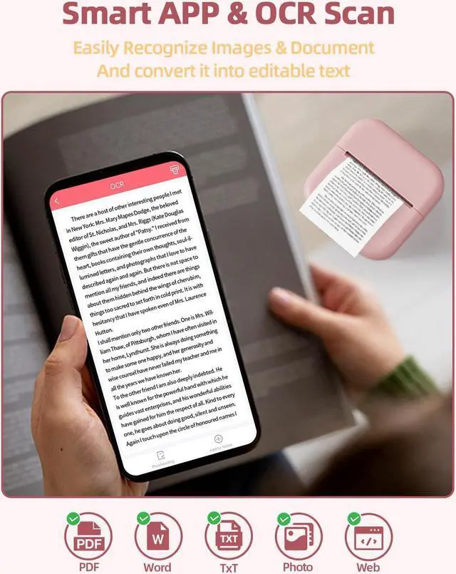 Alt view image 5 of 5 - M02L Bluetooth Label Maker - Mini Thermal Printer with 6 Rolls Non-Adhesive Paper (2in*21.3ft/Roll), Inkless Pocket Printer for iOS& Android, Portable Print Pods for DIY,Notes, Receipts, Photos, Pink