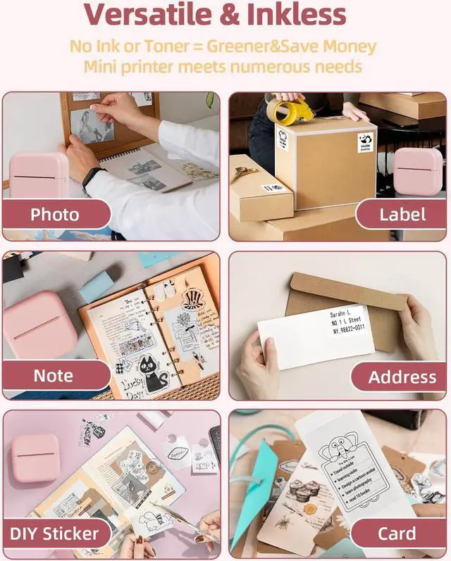 Alt view image 4 of 5 - M02L Bluetooth Label Maker - Mini Thermal Printer with 6 Rolls Non-Adhesive Paper (2in*21.3ft/Roll), Inkless Pocket Printer for iOS& Android, Portable Print Pods for DIY,Notes, Receipts, Photos, Pink
