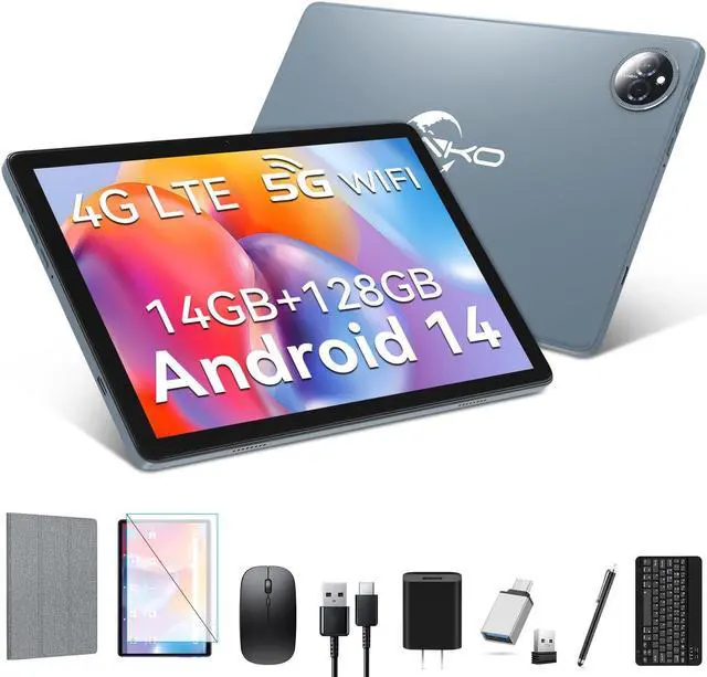 Main image of Tablet 10 inch 2025 Latest Android 14 Tablet with 128GB Rom+14GB Ram+2TB Expand, 4G Cellular Tablets with Dual Sim Slot, 2 in 1 Tablet with Case/Keyboard/Mouse, 5G Wifi, Octa-Core GPS 8000mAh (Grey)