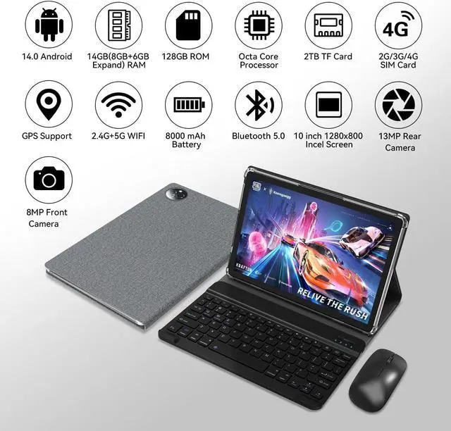 Alt view image 2 of 5 - Tablet 10 inch 2025 Latest Android 14 Tablet with 128GB Rom+14GB Ram+2TB Expand, 4G Cellular Tablets with Dual Sim Slot, 2 in 1 Tablet with Case/Keyboard/Mouse, 5G Wifi, Octa-Core GPS 8000mAh (Grey)