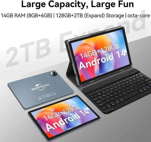 Alt view image 4 of 5 - Tablet 10 inch 2025 Latest Android 14 Tablet with 128GB Rom+14GB Ram+2TB Expand, 4G Cellular Tablets with Dual Sim Slot, 2 in 1 Tablet with Case/Keyboard/Mouse, 5G Wifi, Octa-Core GPS 8000mAh (Grey)