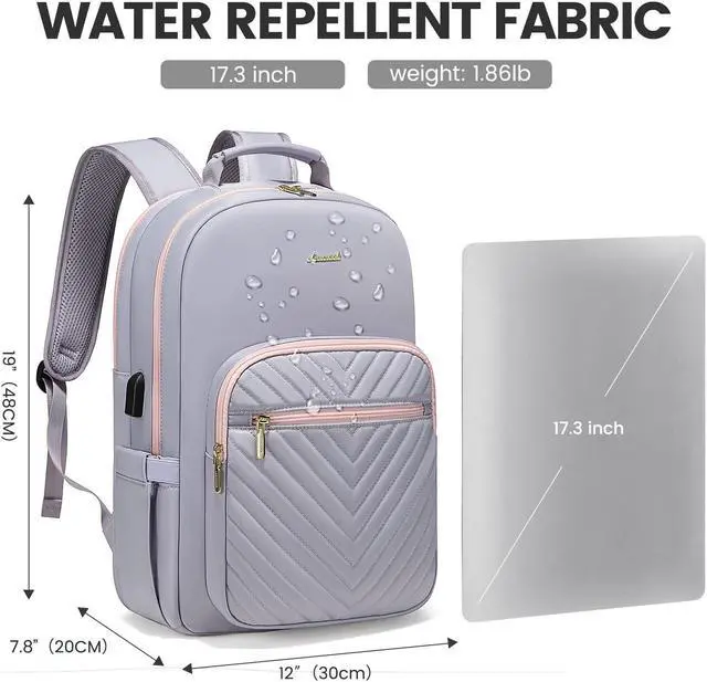 Alt view image 4 of 5 - LOVEVOOK Laptop Backpack for Women 17.3 inch,Cute Womens Travel Backpack Purse,Professional Laptop Computer Bag,Waterproof Work Business College Teacher Bags Carry on Backpack with USB Port,Grey Pink