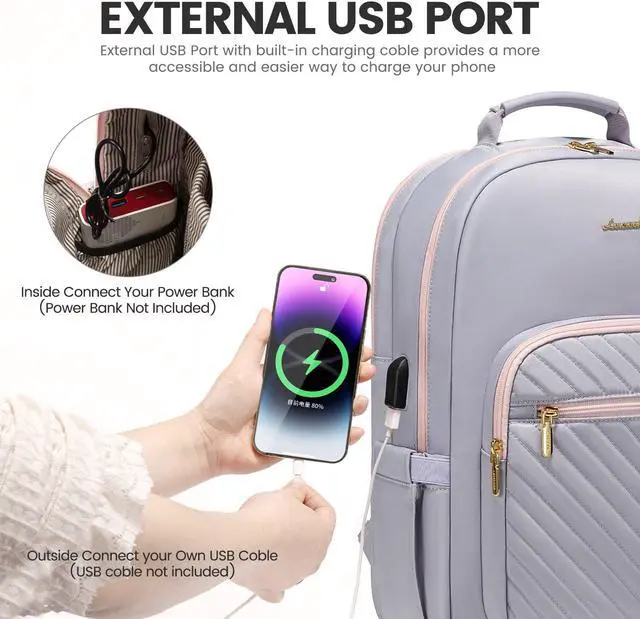 Alt view image 5 of 5 - LOVEVOOK Laptop Backpack for Women 17.3 inch,Cute Womens Travel Backpack Purse,Professional Laptop Computer Bag,Waterproof Work Business College Teacher Bags Carry on Backpack with USB Port,Grey Pink