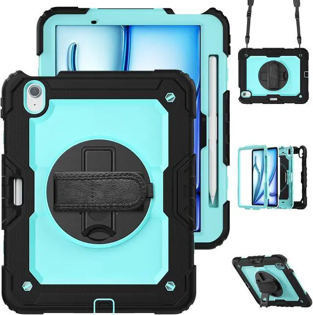 Main image of Loyrina for iPad Air 11 inch Case 2024 (M2), Protective 360deg Rotating Stand Hand/Shoulder Strap, Pencil Holder & Shockproof Silicone and Hard PC Case for iPad Air 11", Blue